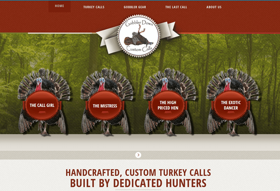 Screenshot of new website for Gobbler Down Custom Calls
